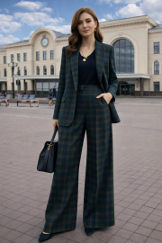 Ткань костюмная клетка тёмная олива, синяя, коричневая